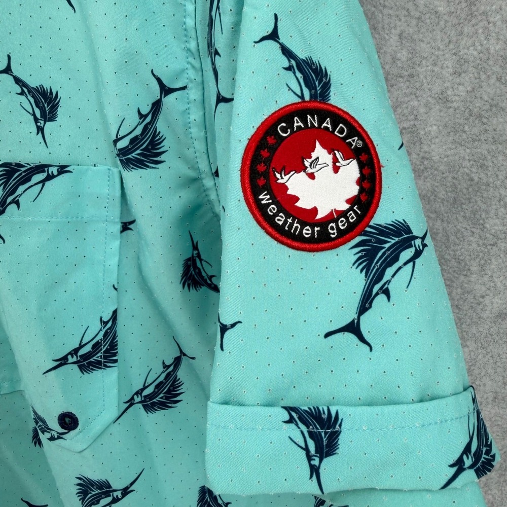 Canada Weathergear Mens Large Marlin Fish Print Button Down Shirt Aqua Turquoise - Picture 9 of 13